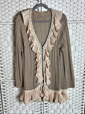 Ruffle Trim Cardigan in Beige & Blush *Like New*